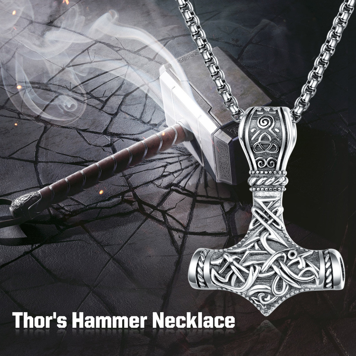 Sterling Silver Thor's Hammer & Viking Rune Pendant Necklace for Men-5