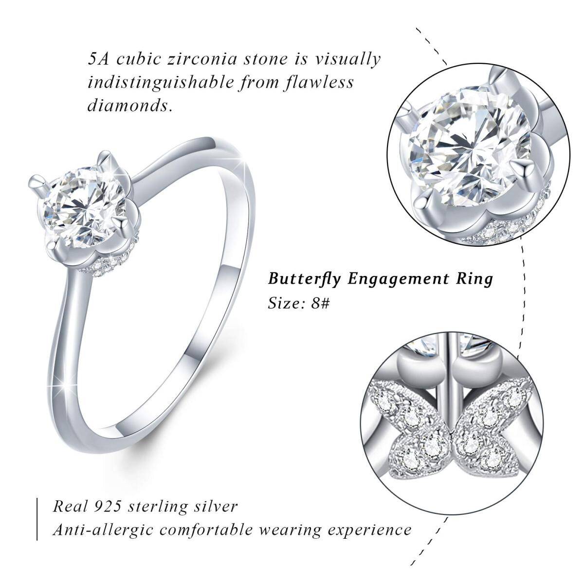 Sterling Silver Circular Shaped Cubic Zirconia Butterfly Engagement Ring-4