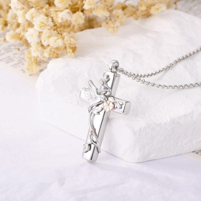 Sterling Silver Two-tone Hummingbird & Cross Urn Necklace for Ashes-2