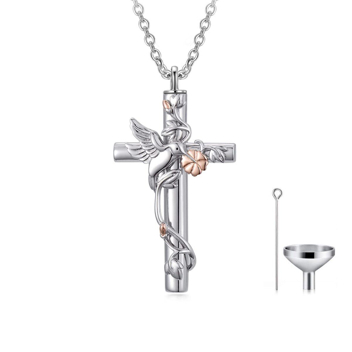 Sterling Silver Two-tone Hummingbird & Cross Urn Necklace for Ashes-1