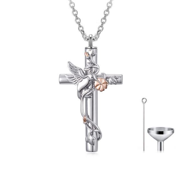 Sterling Silver Two-tone Hummingbird & Cross Urn Necklace for Ashes-0