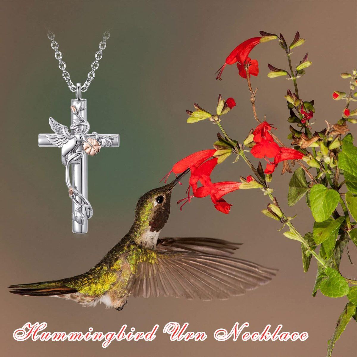 Collar colibrí y urna cruzada de plata de ley bicolor-6