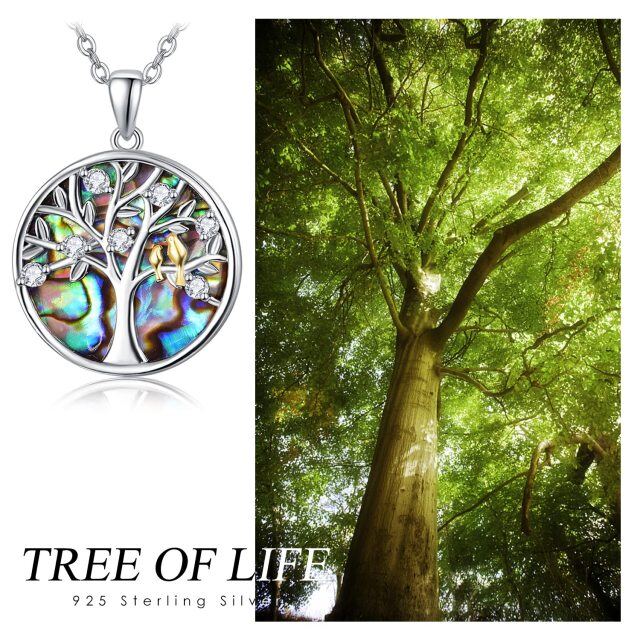 Sterling Silver Circular Shaped Abalone Shellfish Bird & Tree Of Life Pendant Necklace-3