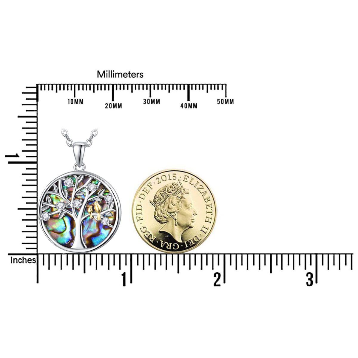 Sterling Silver Circular Shaped Abalone Shellfish Bird & Tree Of Life Pendant Necklace-5