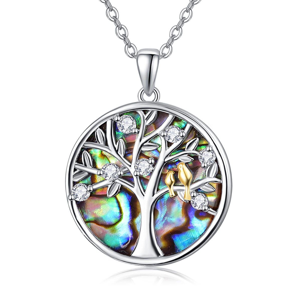 Sterling Silber kreisförmige Abalone Muschel Vogel Baum des Lebens Anhänger Halskette-1