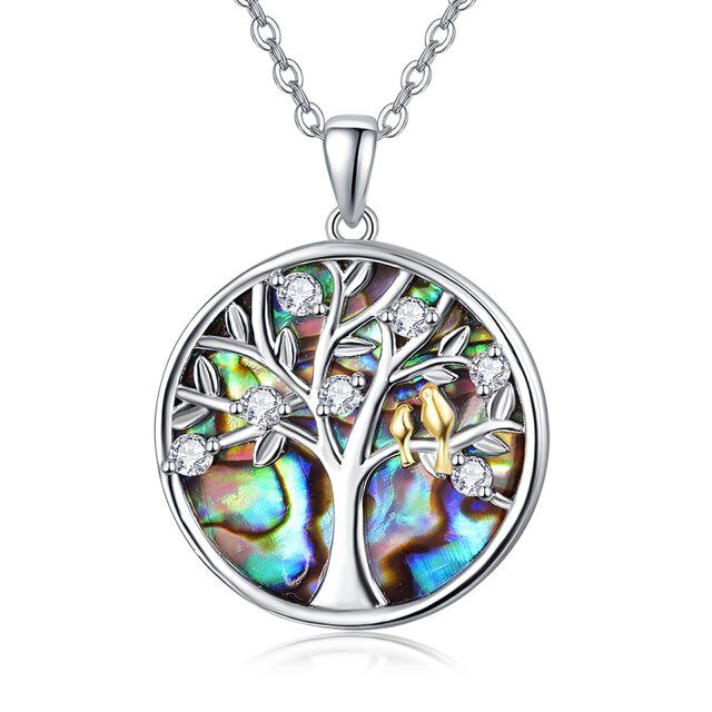 Sterling Silver Circular Shaped Abalone Shellfish Bird & Tree Of Life Pendant Necklace-0