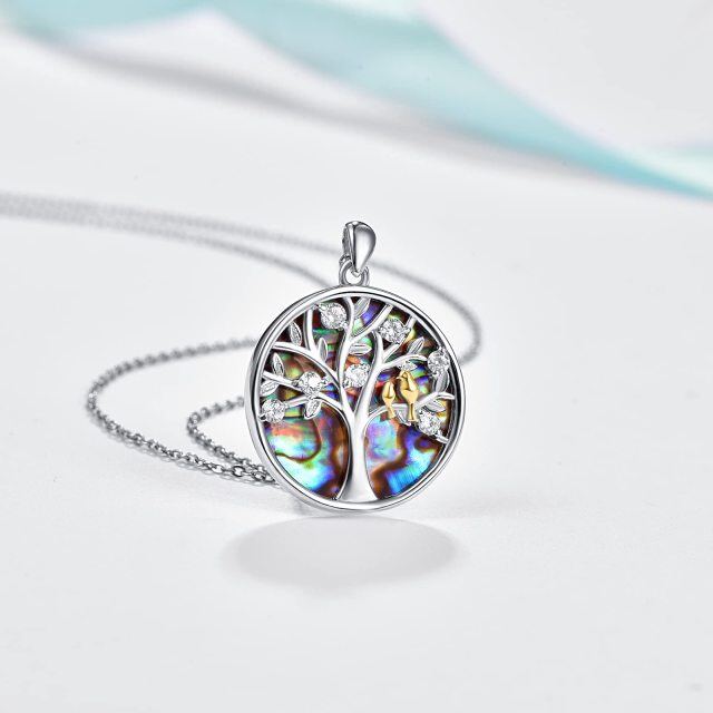 Sterling Silver Circular Shaped Abalone Shellfish Bird & Tree Of Life Pendant Necklace-2