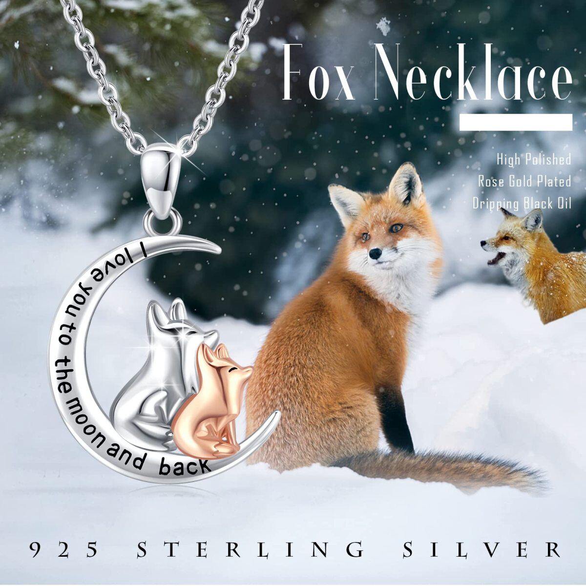 Sterling Silver Two-tone Fox & Moon Pendant Necklace with Engraved Word-5