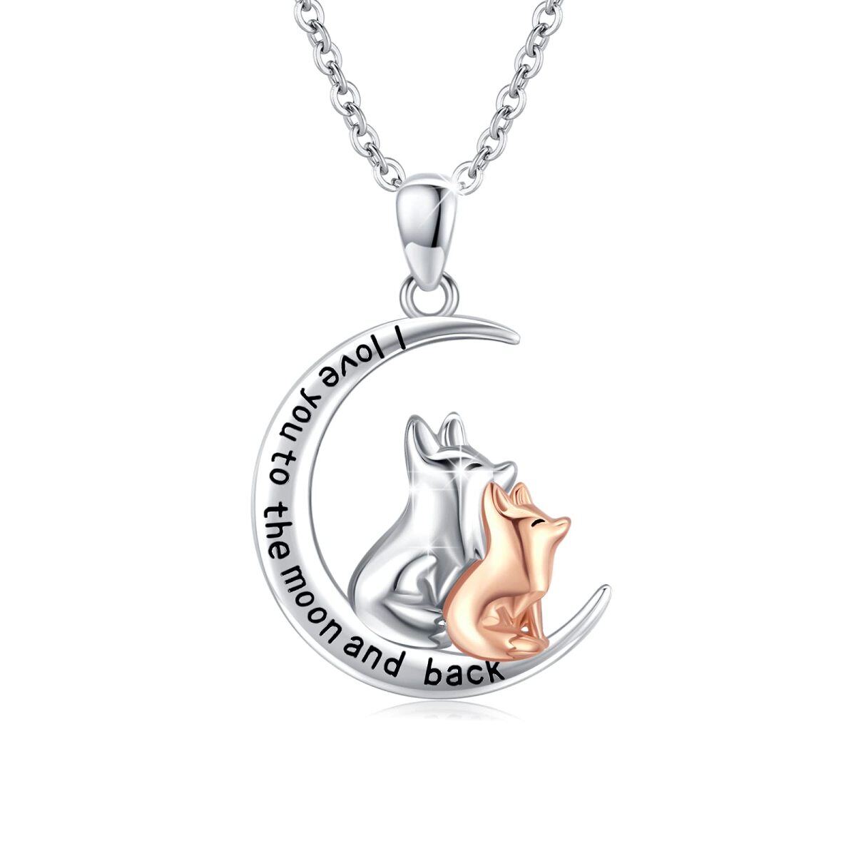 Sterling Silver Two-tone Fox & Moon Pendant Necklace with Engraved Word-1