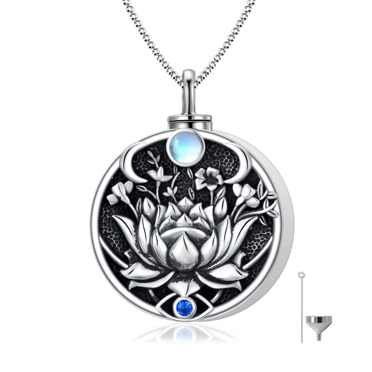 Sterling Silver with Black Rhodium Circular Shaped Cubic Zirconia & Moonstone Lotus & Evil Eye Urn Necklace for Ashes-1