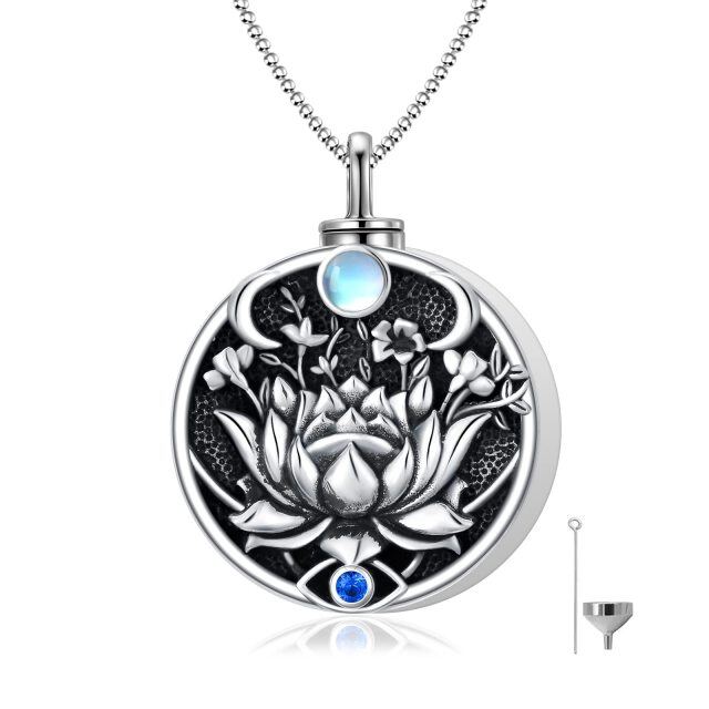 Sterling Silver with Black Rhodium Circular Shaped Cubic Zirconia & Moonstone Lotus & Evil Eye Urn Necklace for Ashes-0