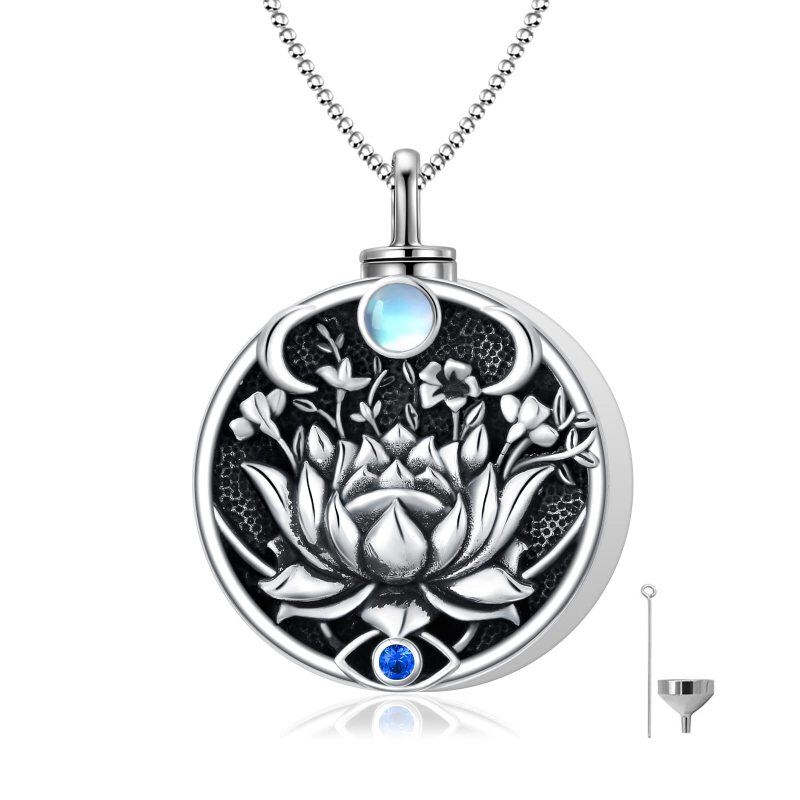 Sterling Silver with Black Rhodium Circular Shaped Cubic Zirconia & Moonstone Lotus & Evil Eye Urn Necklace for Ashes