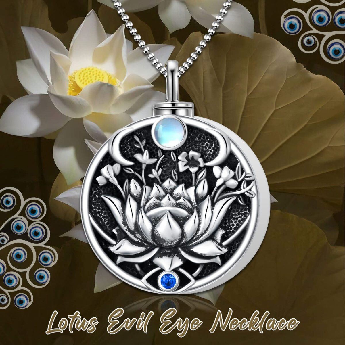 Sterling Silver with Black Rhodium Circular Shaped Cubic Zirconia & Moonstone Lotus & Evil Eye Urn Necklace for Ashes-6
