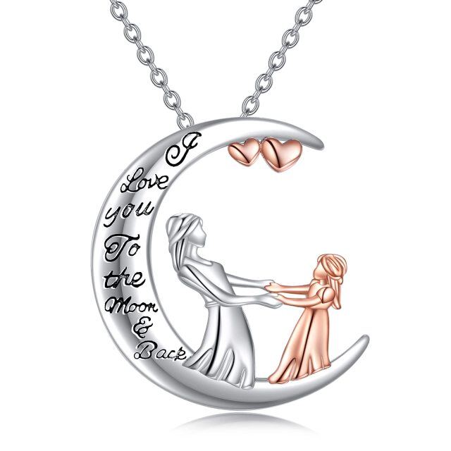 Collier en argent sterling avec pendentif mère et fille en forme de coeur et de lune avec mot gravé-0