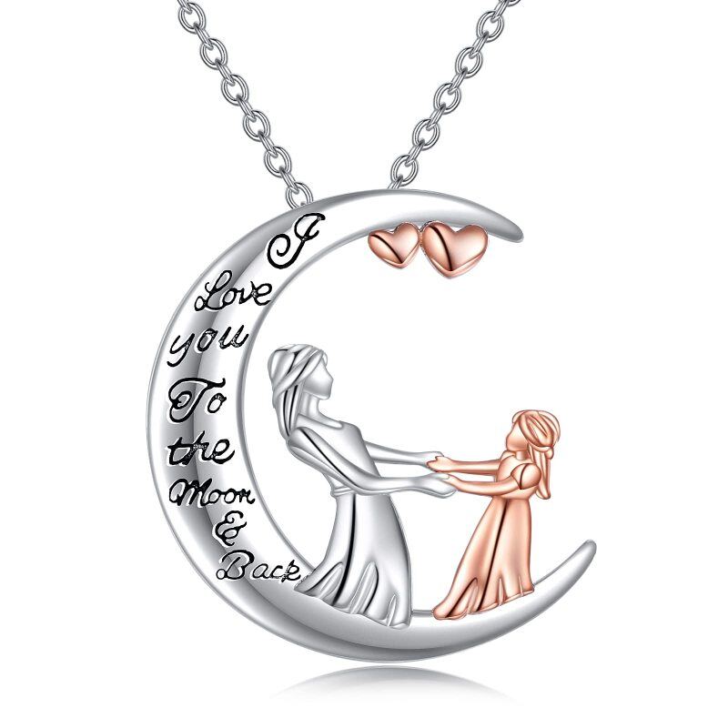 Sterling Silver Two-tone Mother & Daughter Heart & Moon Pendant Necklace with Engraved Word