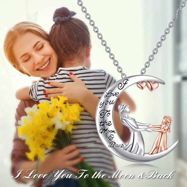 Sterling Silver Two-tone Mother & Daughter Heart & Moon Pendant Necklace with Engraved Word-4