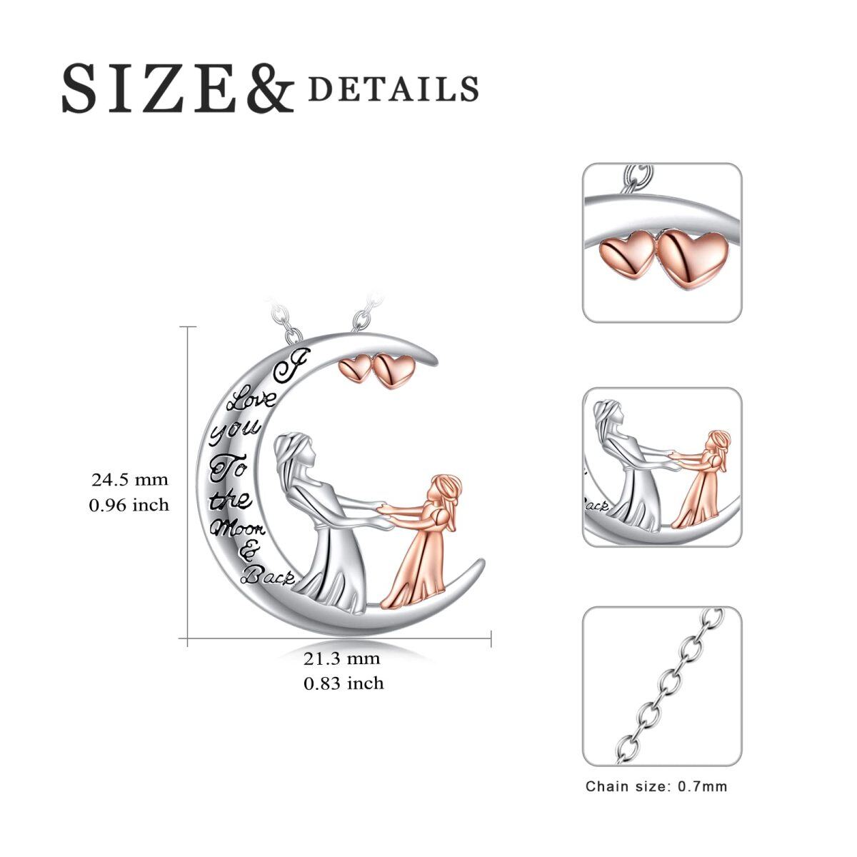 Sterling Silber zweifarbig Mutter & Tochter Herz & Mond Anhänger Halskette mit eingraviertem Wort-6