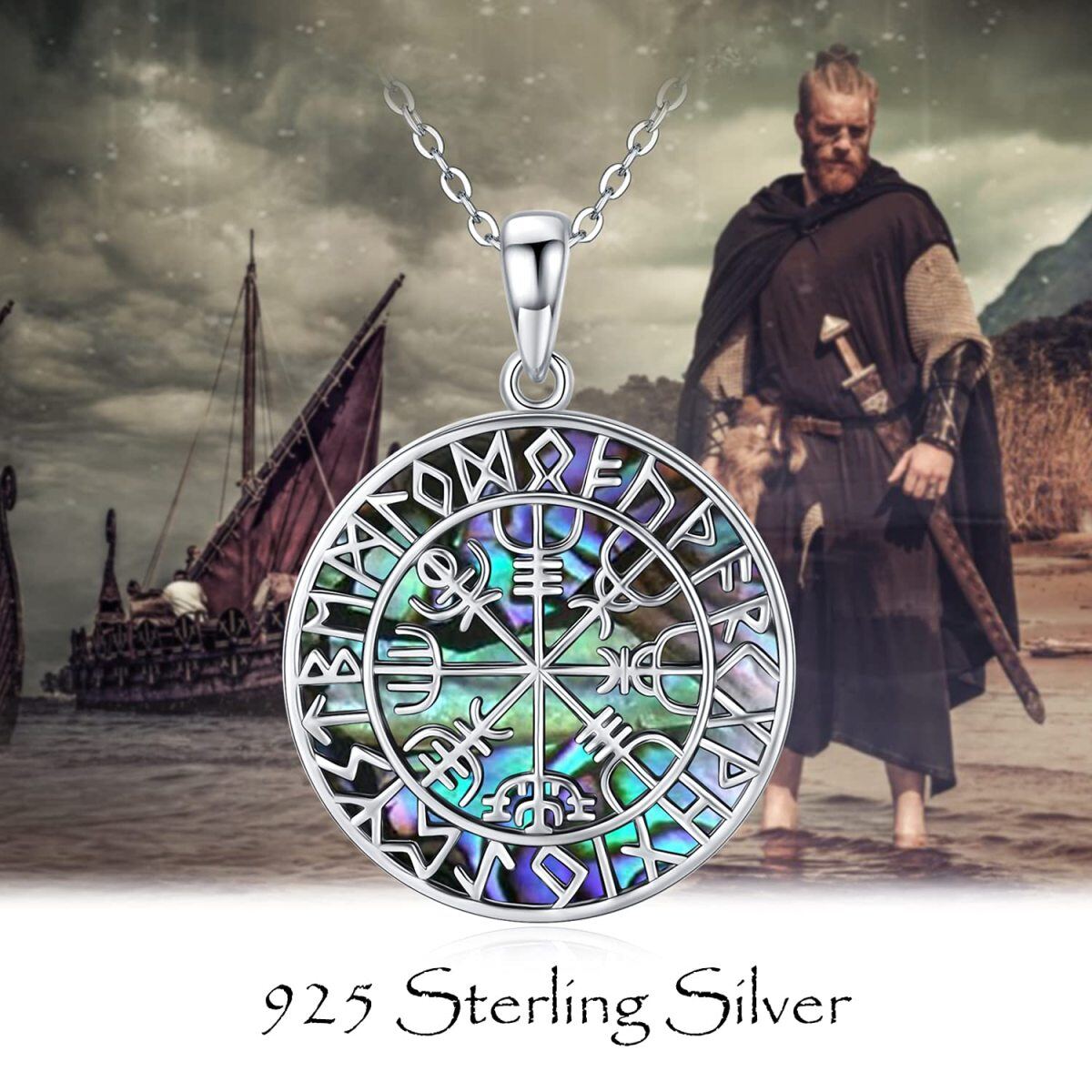 Sterling Silber Abalone Muscheln Wikinger Rune Anhänger Halskette-6