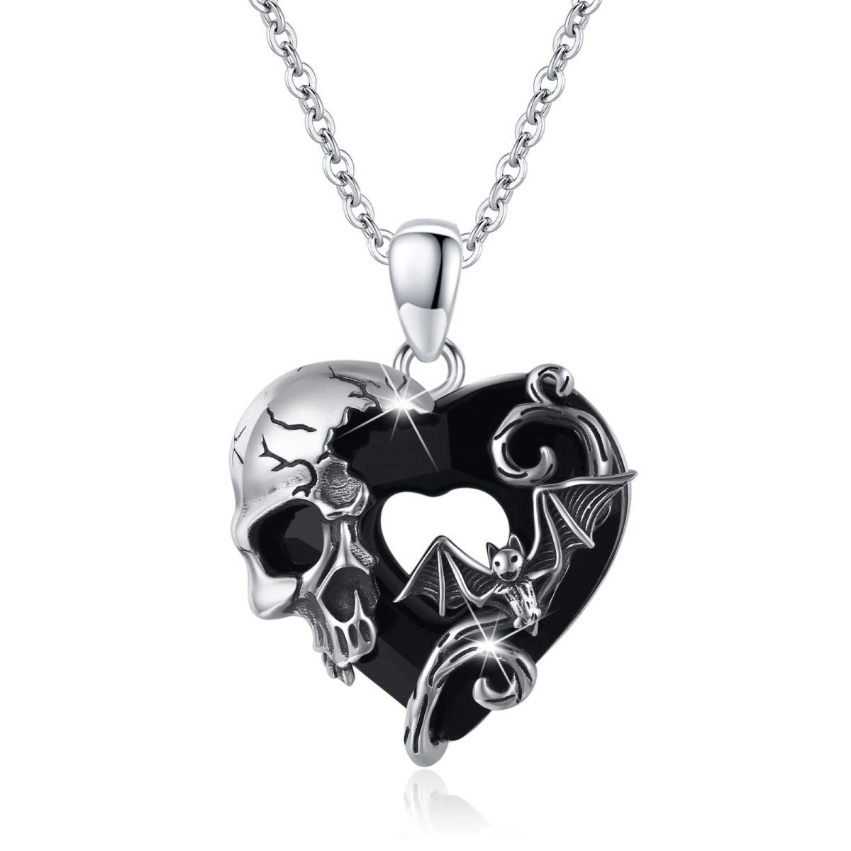 Sterling Silver Heart Shaped Bat & Heart & Skull Crystal Pendant Necklace-1