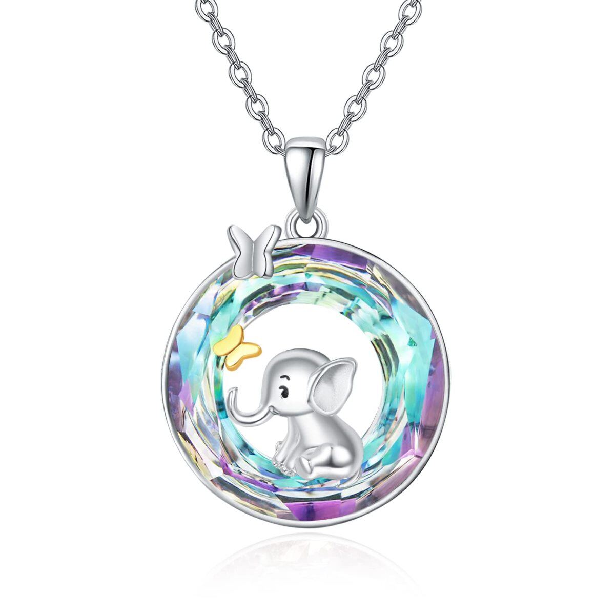 Sterling Silver Two-tone Circular Shaped Butterfly & Elephant Crystal Pendant Necklace-1