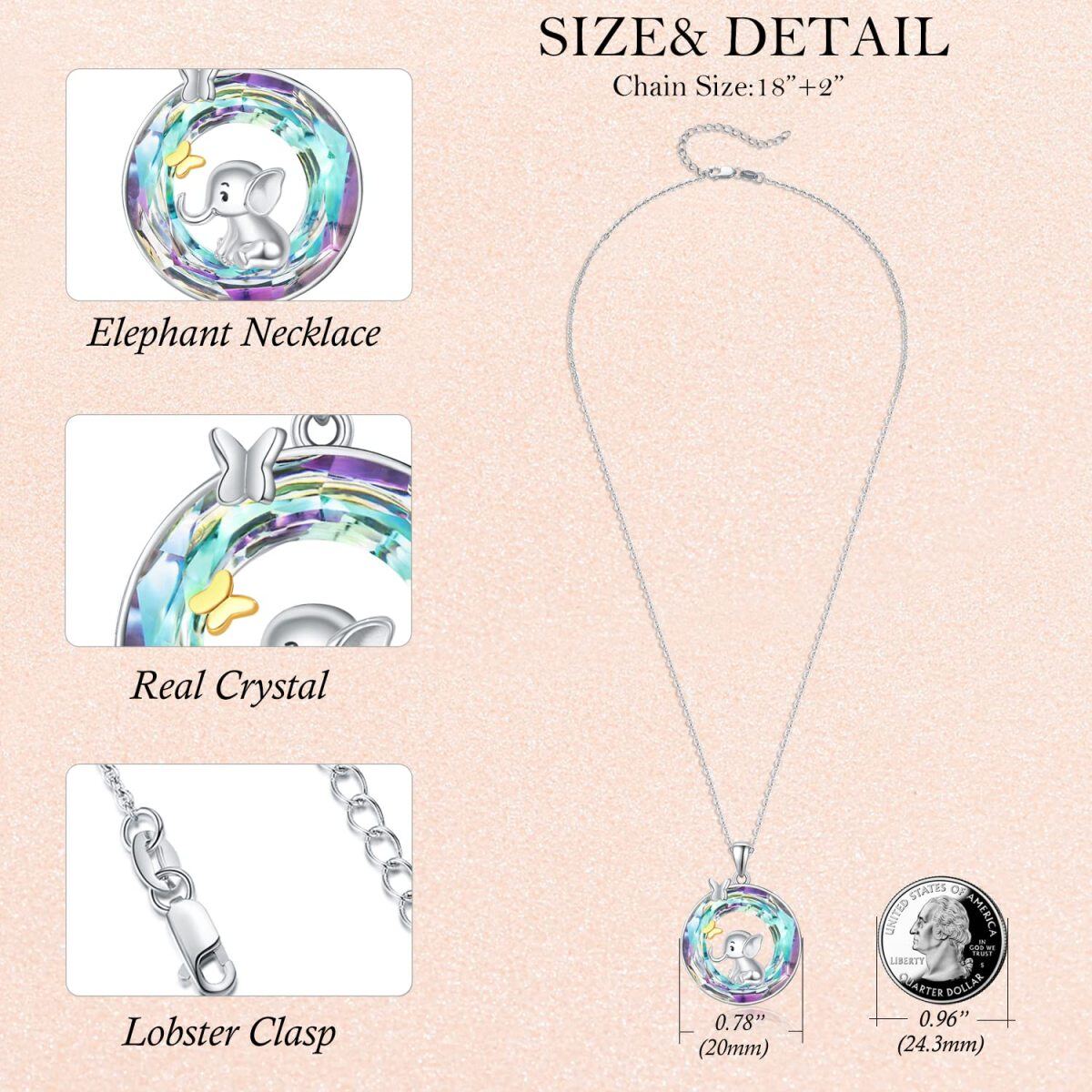 Sterling Silver Two-tone Circular Shaped Butterfly & Elephant Crystal Pendant Necklace-5