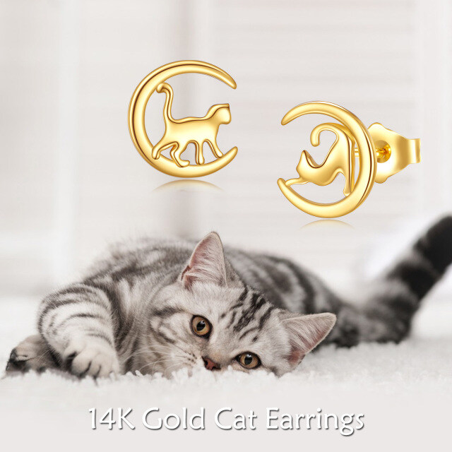 Brincos de pino em ouro 14K com gato e lua-4
