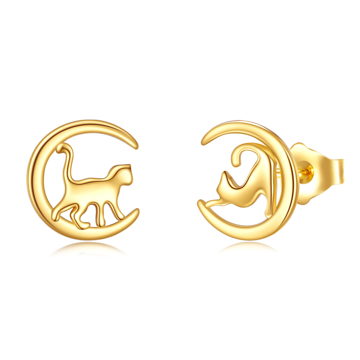 14K Gold Cat & Moon Stud Earrings-1
