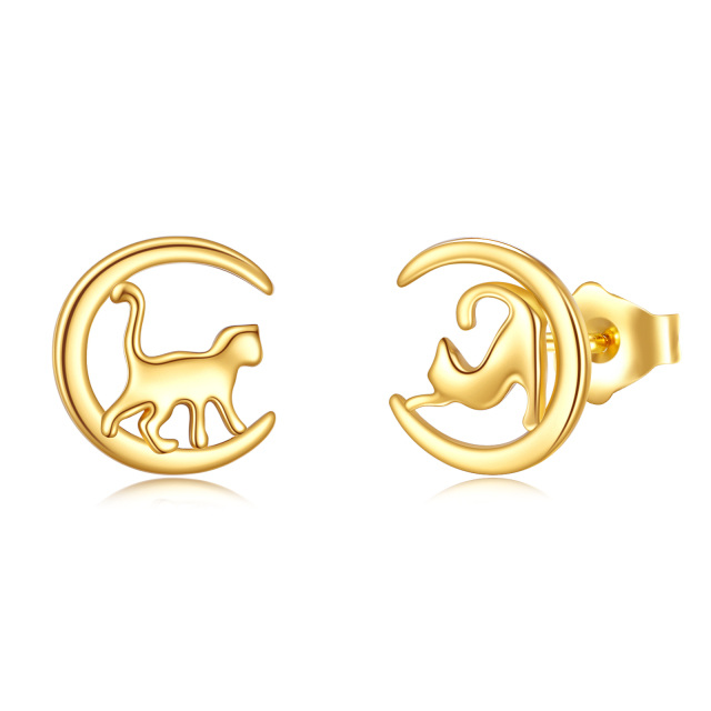 14K Gold Cat & Moon Stud Earrings-0