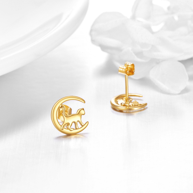 14K Gold Cat & Moon Stud Earrings-2