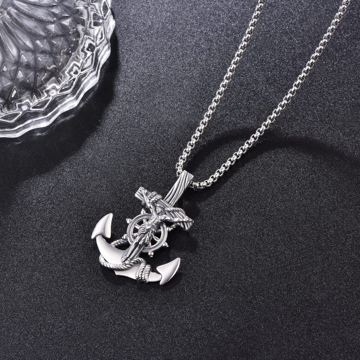 Sterling Silver Anchor & Jesus Pendant Necklace for Men-4