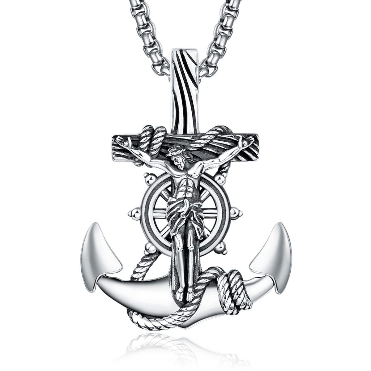 Sterling Silver Anchor & Jesus Pendant Necklace for Men-1