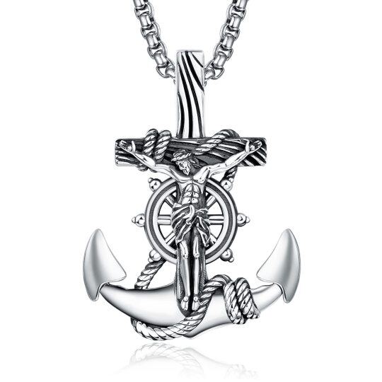 Collier en argent sterling avec ancre et pendentif Jésus pour hommes