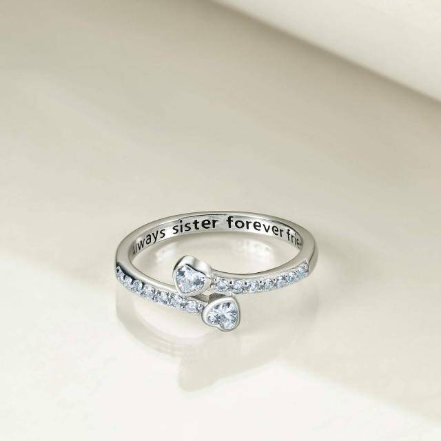 Sterling Silver Heart Shaped Cubic Zirconia Sisters & Heart Ring with Engraved Word-3