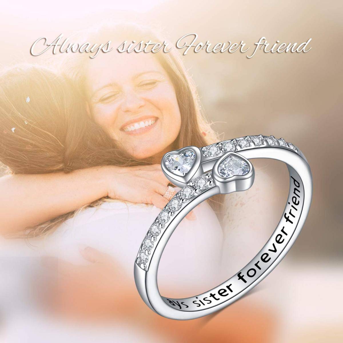 Bague en argent sterling en forme de coeur avec zircon cubique Sisters & Heart avec mot gr-6