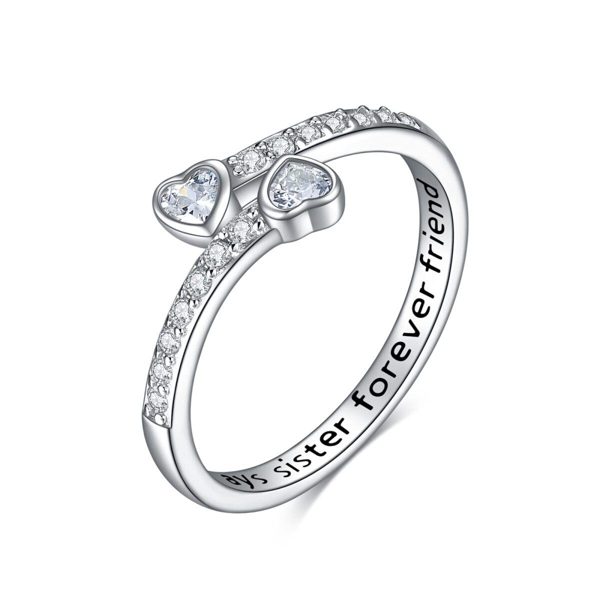 Sterling Silver Heart Shaped Cubic Zirconia Sisters & Heart Ring with Engraved Word-1