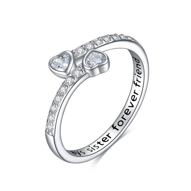Sterling Silver Heart Shaped Cubic Zirconia Sisters & Heart Ring with Engraved Word-0