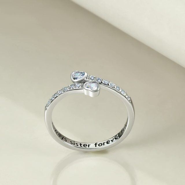 Sterling Silver Heart Shaped Cubic Zirconia Sisters & Heart Ring with Engraved Word-2