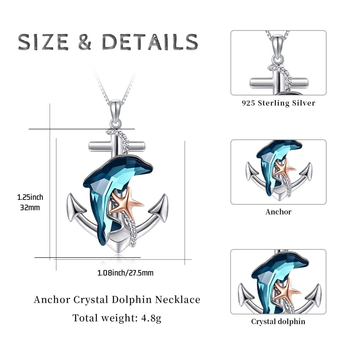 Sterling Silber zweifarbig Kristall Delfin & Anker Anhänger Halskette-7