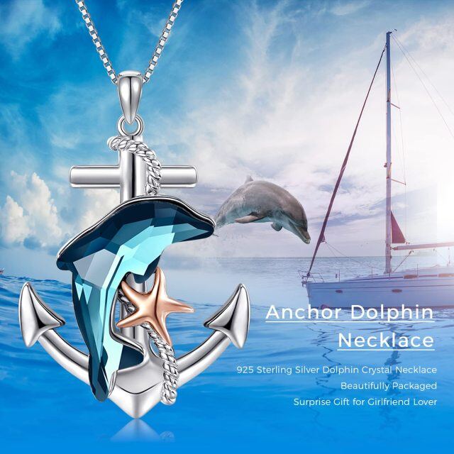 Sterling Silver Two-tone Crystal Dolphin & Anchor Pendant Necklace-6