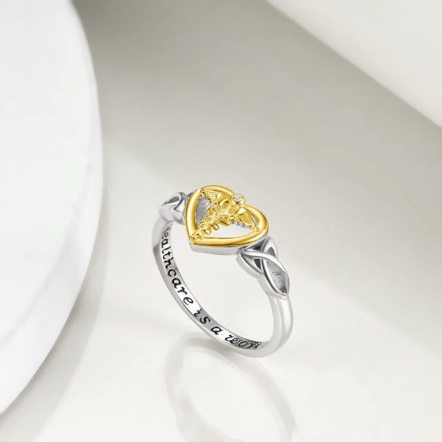 Sterling Silver Two-tone Angel Wing & Heart Ring with Engraved Word-2