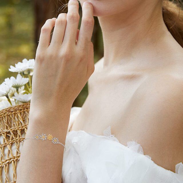 Pulsera de plata de ley con eslabones de circonitas y margaritas-1