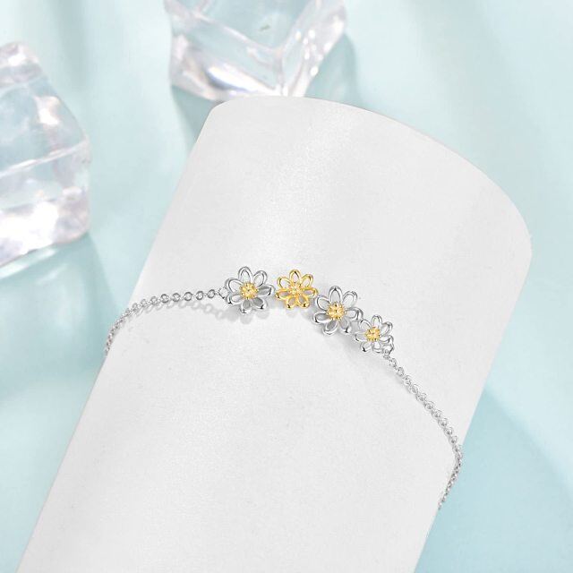 Sterling Silver Zircon Daisy Figaro Link Chain Bracelet-3