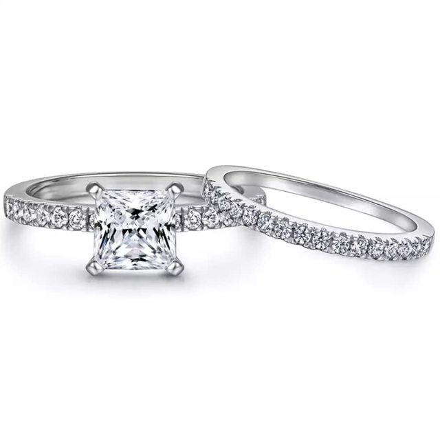 14K White Gold Plated Princess-square Shaped Moissanite Personalized Classic Name Engagement Ring-0