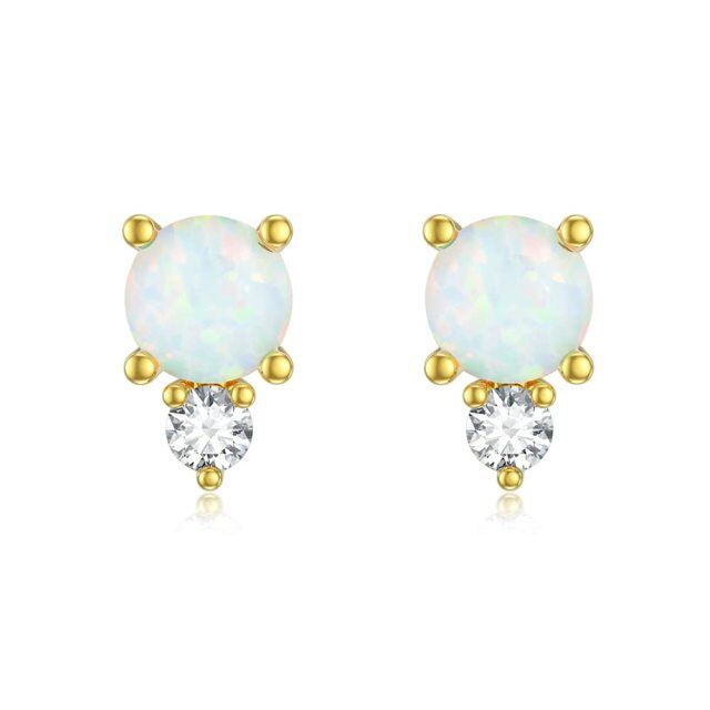14K Yellow Gold Opal & Moissanite Stud Earrings for Women Girl-0