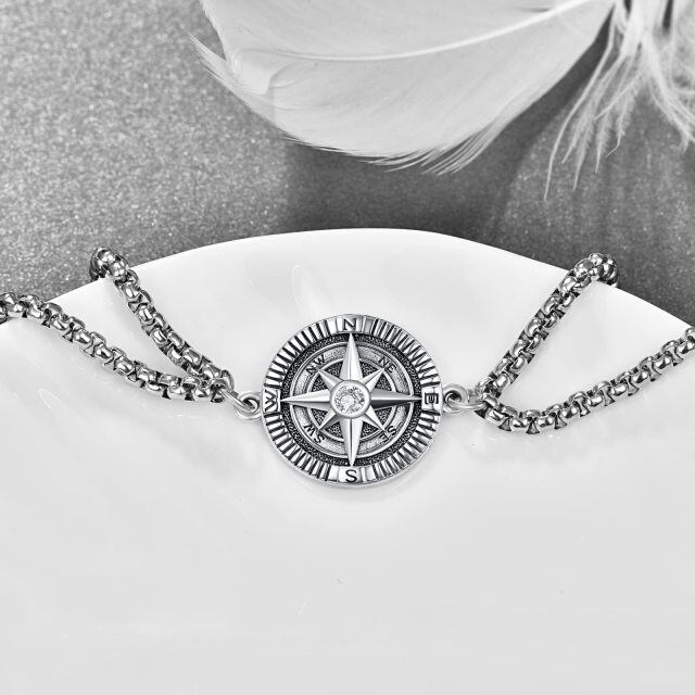 Sterling Silver Zircon Compass Pendant Bracelet for Men-3