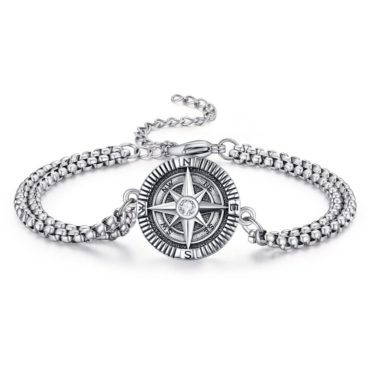 Sterling Silver Zircon Compass Pendant Bracelet for Men-1