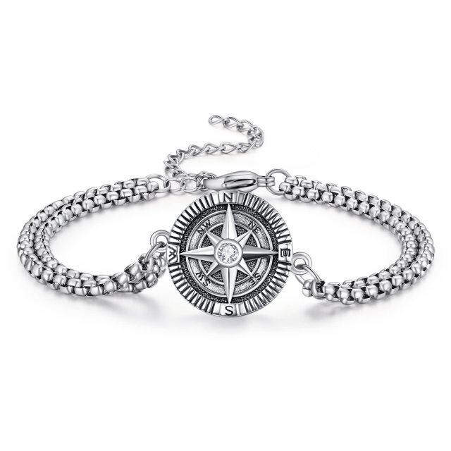 Sterling Silver Zircon Compass Pendant Bracelet for Men-0