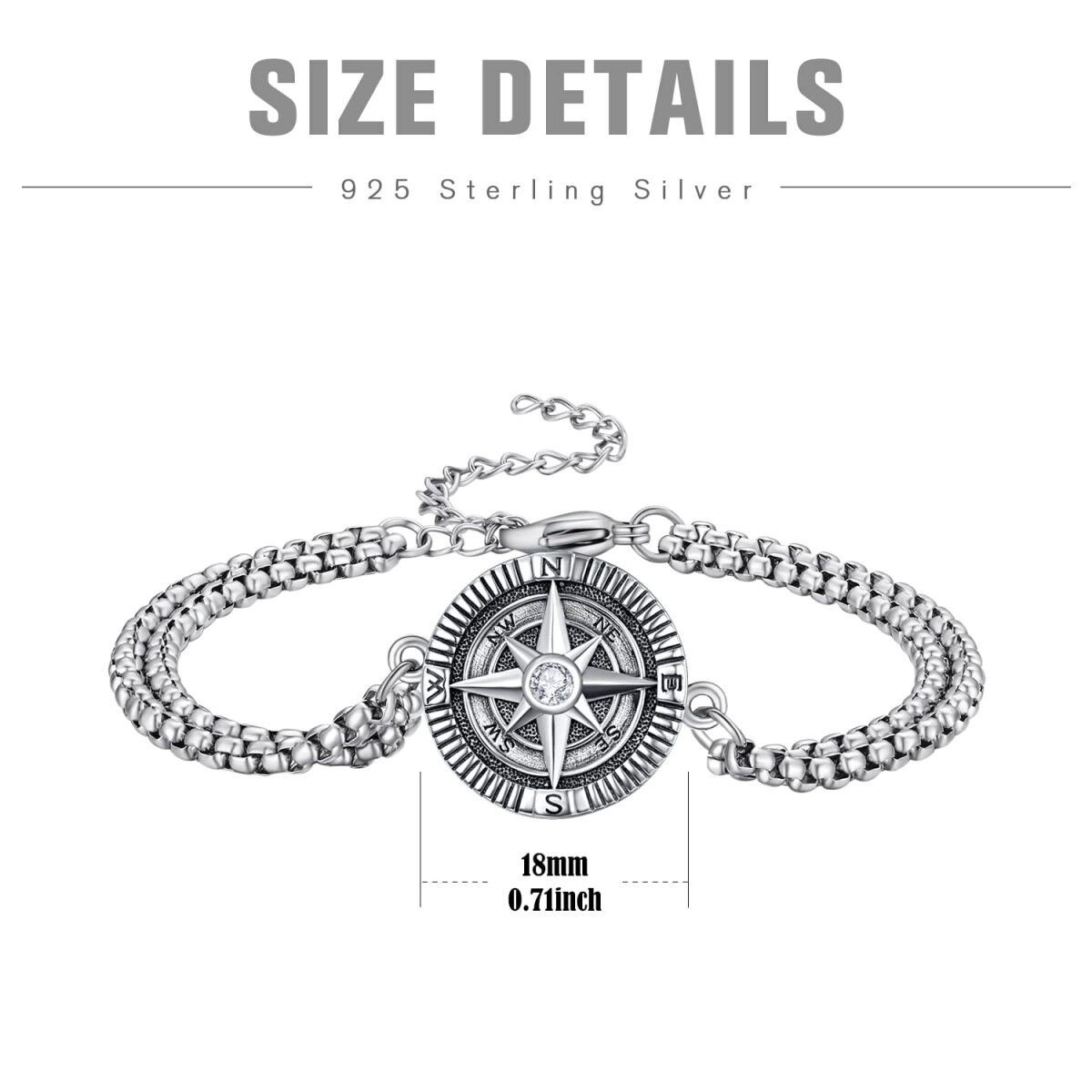 Sterling Silver Zircon Compass Pendant Bracelet for Men-6