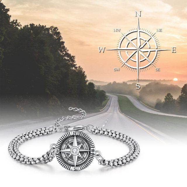 Sterling Silver Zircon Compass Pendant Bracelet for Men-4