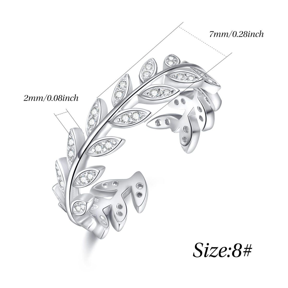 Sterling Silver Zircon Leaves & Olive Branch Open Ring-5